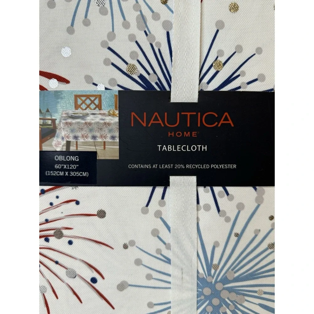Nautica 4th of July Fireworks 60x120 Tablecloth Silver Foil Red Blue In/ Outdoor